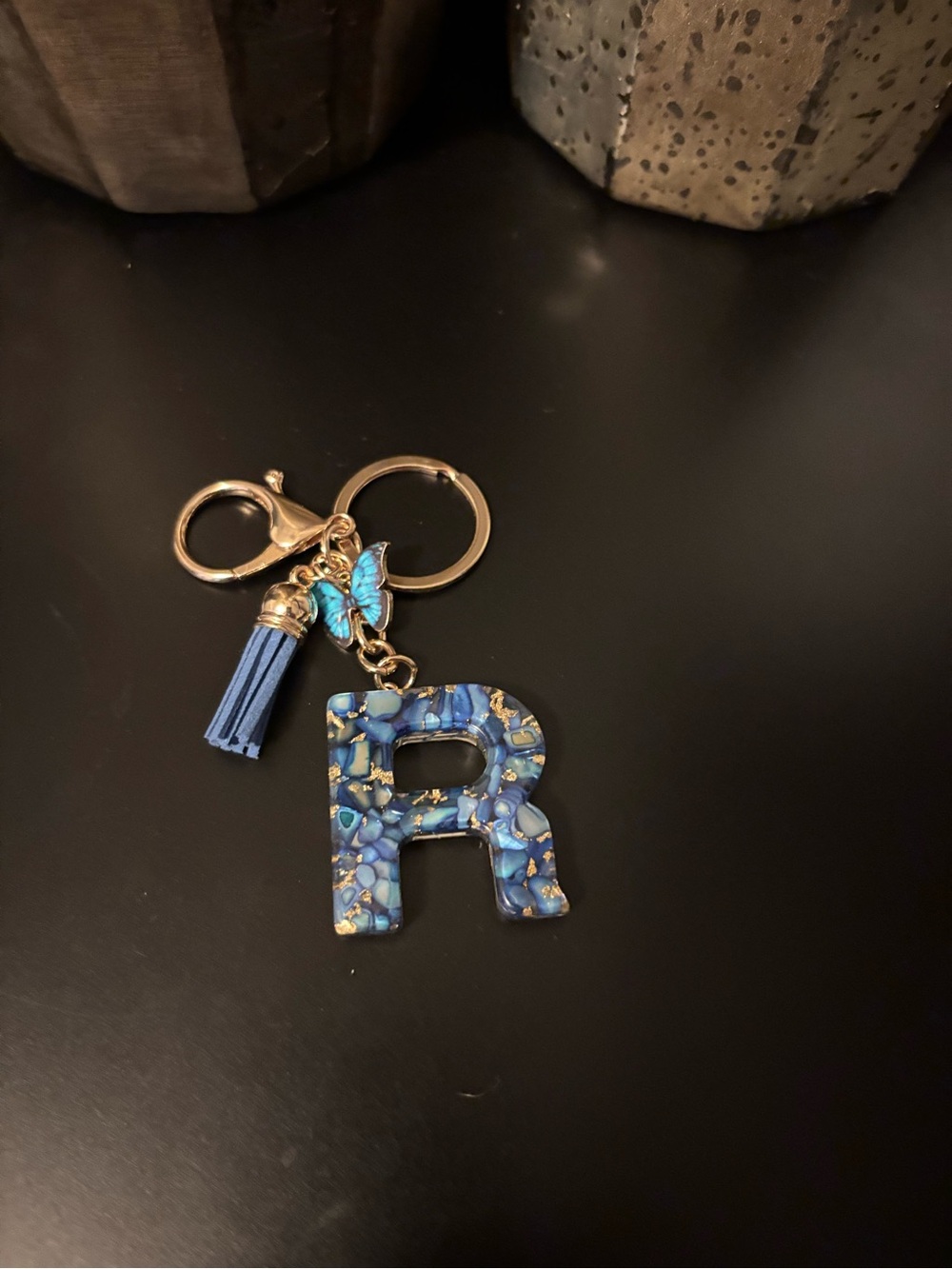 Handmade Blue & Gold Resin Initial "R" Keychain with Tassel & Butterfly Charm🦋